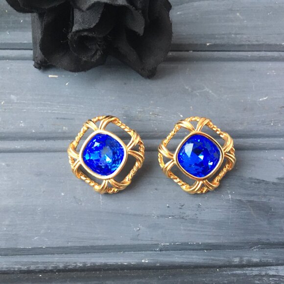 Gold w Blue Gem Earrings - Picture 2 of 9